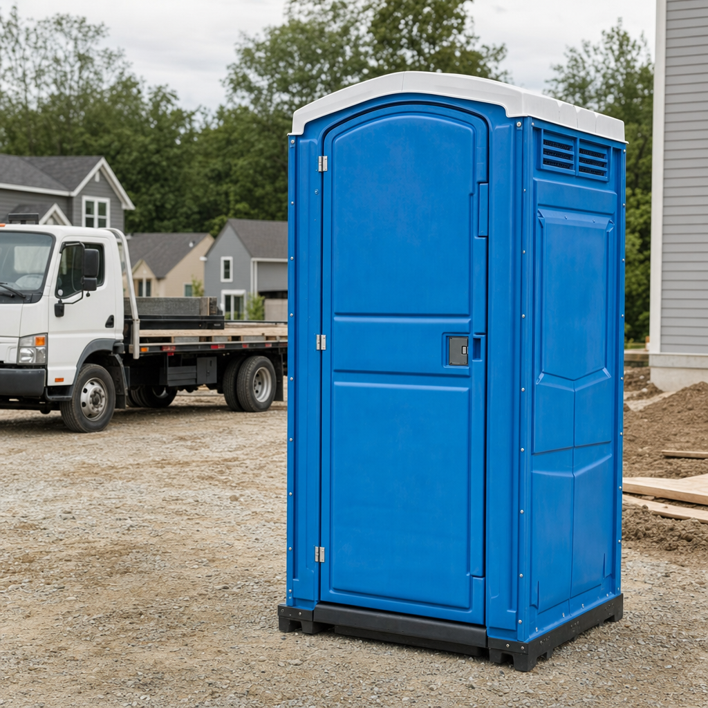 Delivery driver positioning a clean royal-blue portable toilet on level ground at a Lake Charles worksite