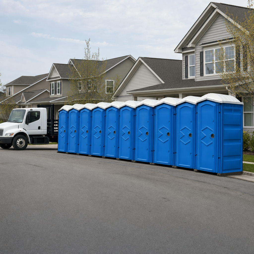 Royal blue portable toilets staged in a tidy row at a Lake Charles jobsite, ready for delivery